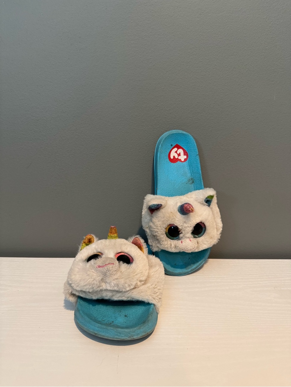Ty Plush Unicorn Slide Sandals - Blue and White with Rainbow Horns